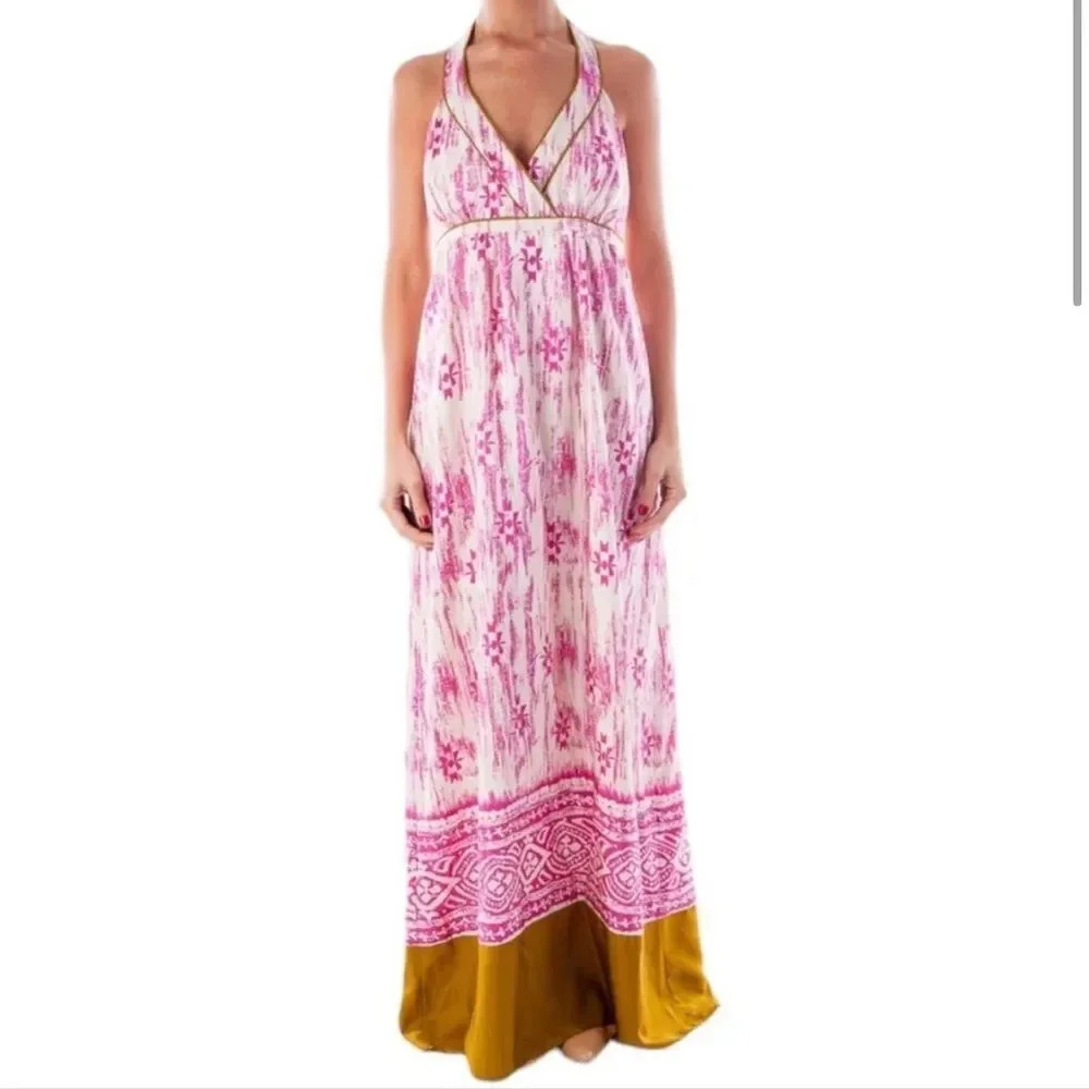 Ann Taylor LOFT 100% Silk Dress Abstract Ikat Pattern Long Maxi Dress Size 4